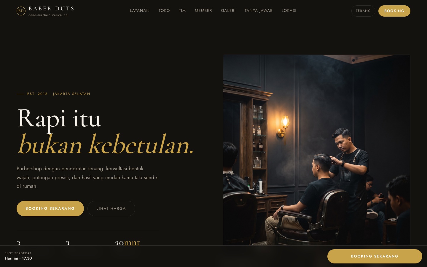Halaman booking demo Baber Duts — tema noir dengan foto, tim, galeri, dan slot terdekat